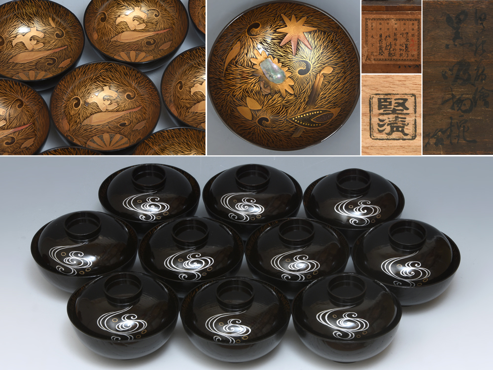 BJ091 時代輪島塗 椿図研ぎ出し蒔絵 吸物椀 二客 木製 梨地 細密 BJ091 時代輪島塗 椿図研ぎ出し蒔絵 吸物椀 二客 木製 梨地 細密