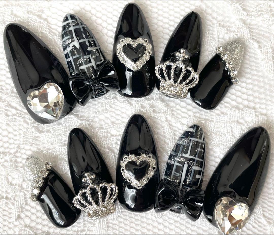 2780円SALE  オーダーネイルチップ　地雷量産ライブフレンチツイード黒 2780円SALE オーダーネイルチップ地雷量産ライブフレンチツイード黒