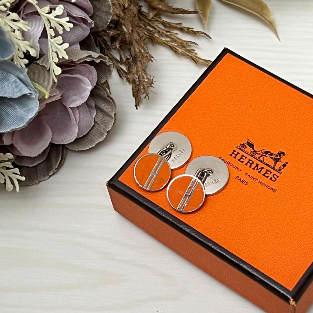 Hロゴ HERMES エルメス Hロゴ オレンジ シルバー カフリンクス